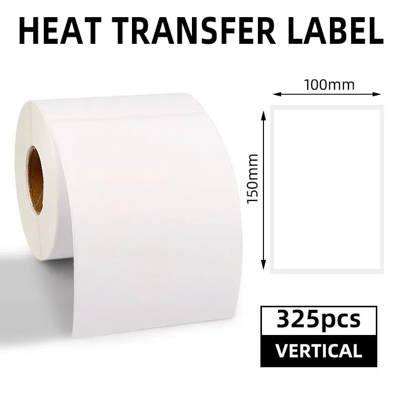 White heat transfer label roll with 100x150mm size; 325 vertical labels shown