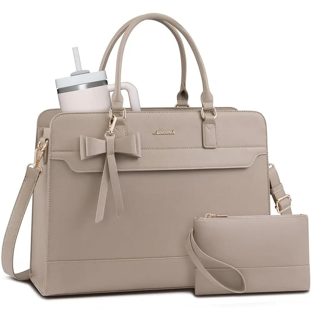 Beige LOVEVOOK designer laptop tote with bow accent, matching wristlet, and large capacity for 15.6in work office use.