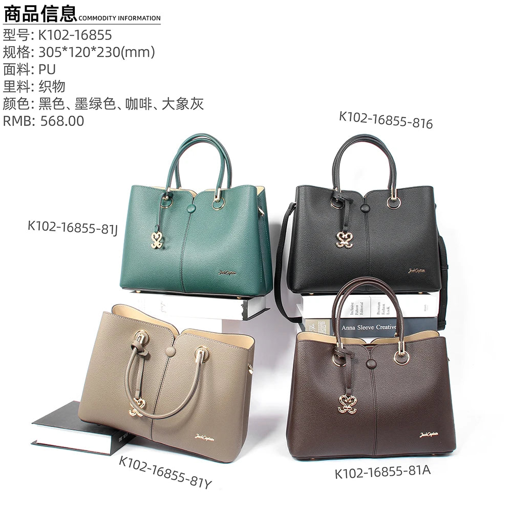2025 waterproof PU leather designer handbags for women in black, green, brown, and grey with gold charm and handles.