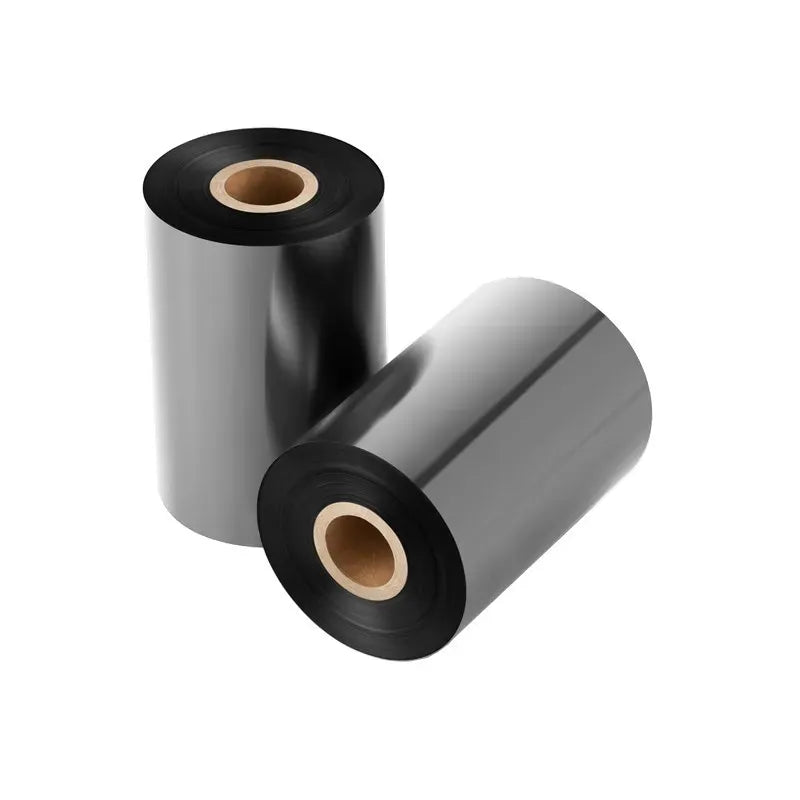 Pair of adhesive tape rolls with shiny silver outer film and black outer edge
