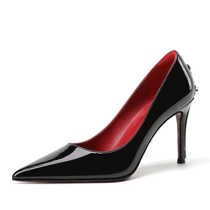 HT Super High Heel Red Bottom Fine Heel Solid Color Women's Shoes Open Toe Microfiber Upper Natural Rubber Outsole One Pedal