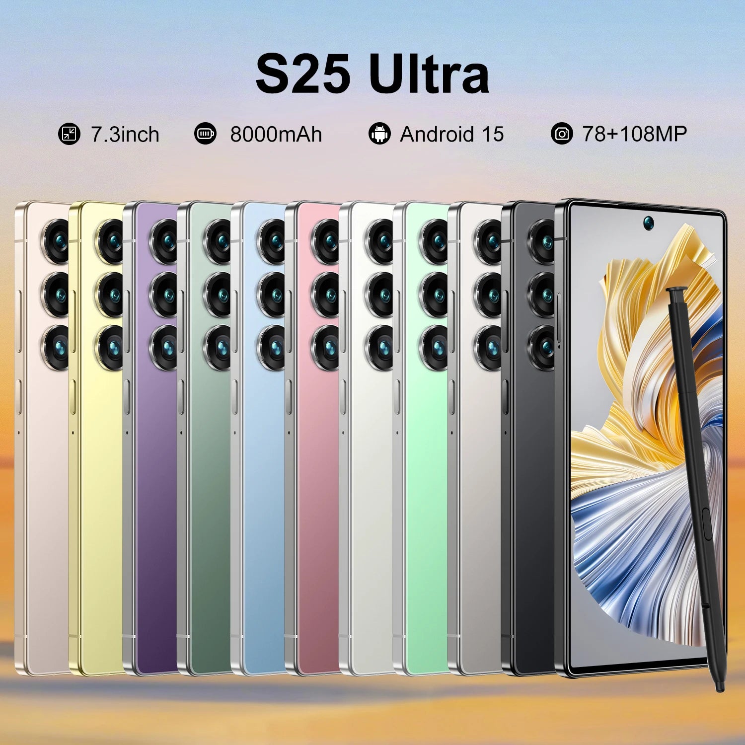 Tidesmit S25 Ultra 5G smartphone with 7.3-inch HD screen, 22GB RAM, 2TB storage, and long-lasting 8000mAh battery.