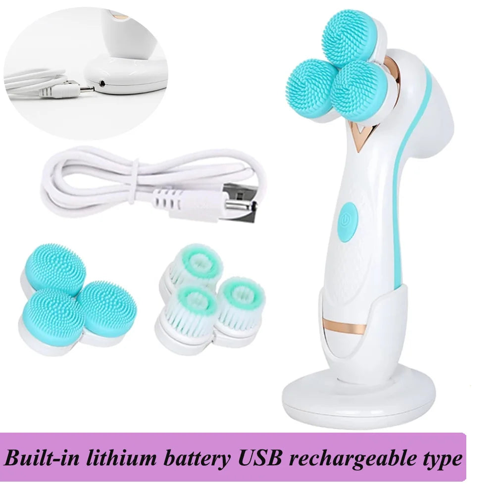White and teal sonic facial cleansing brush with 3-head spin attachments, charging stand, and USB cable for skin care.