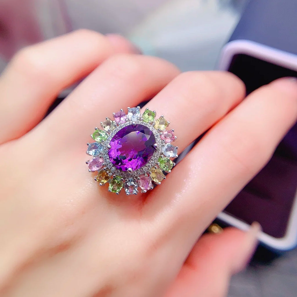 Women's 925 Sterling Silver Fine Jewelry Set Natural Tourmaline Amethyst for Parties Weddings