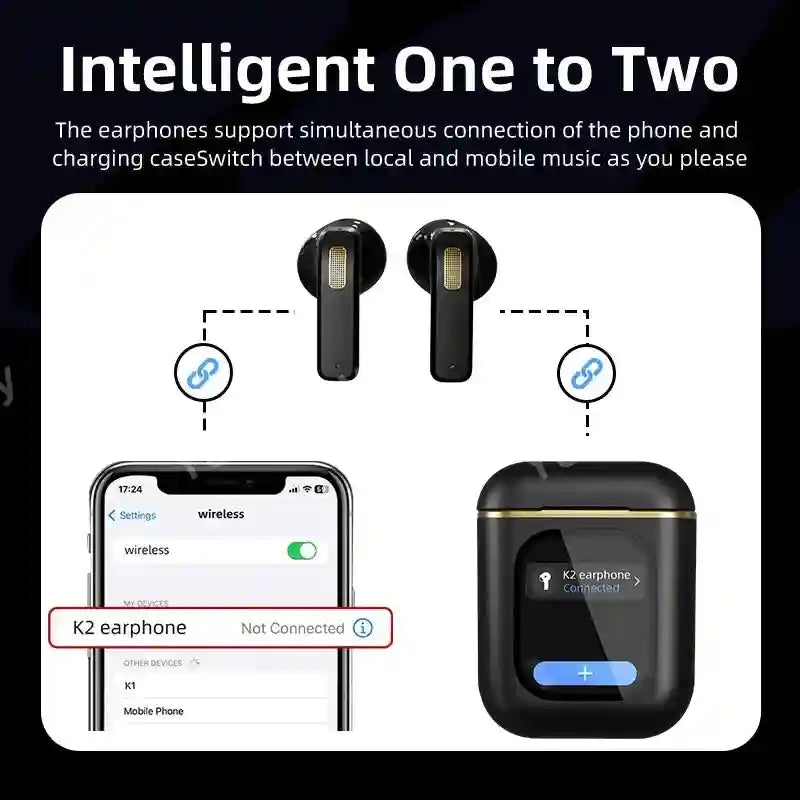 K2 Wireless Earbuds with LED Display by Tidesmit - Black/White Tidesmit