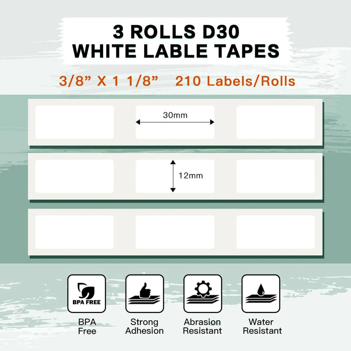 Three rolls of white thermal label tape, 12mm x 30mm, 210 labels