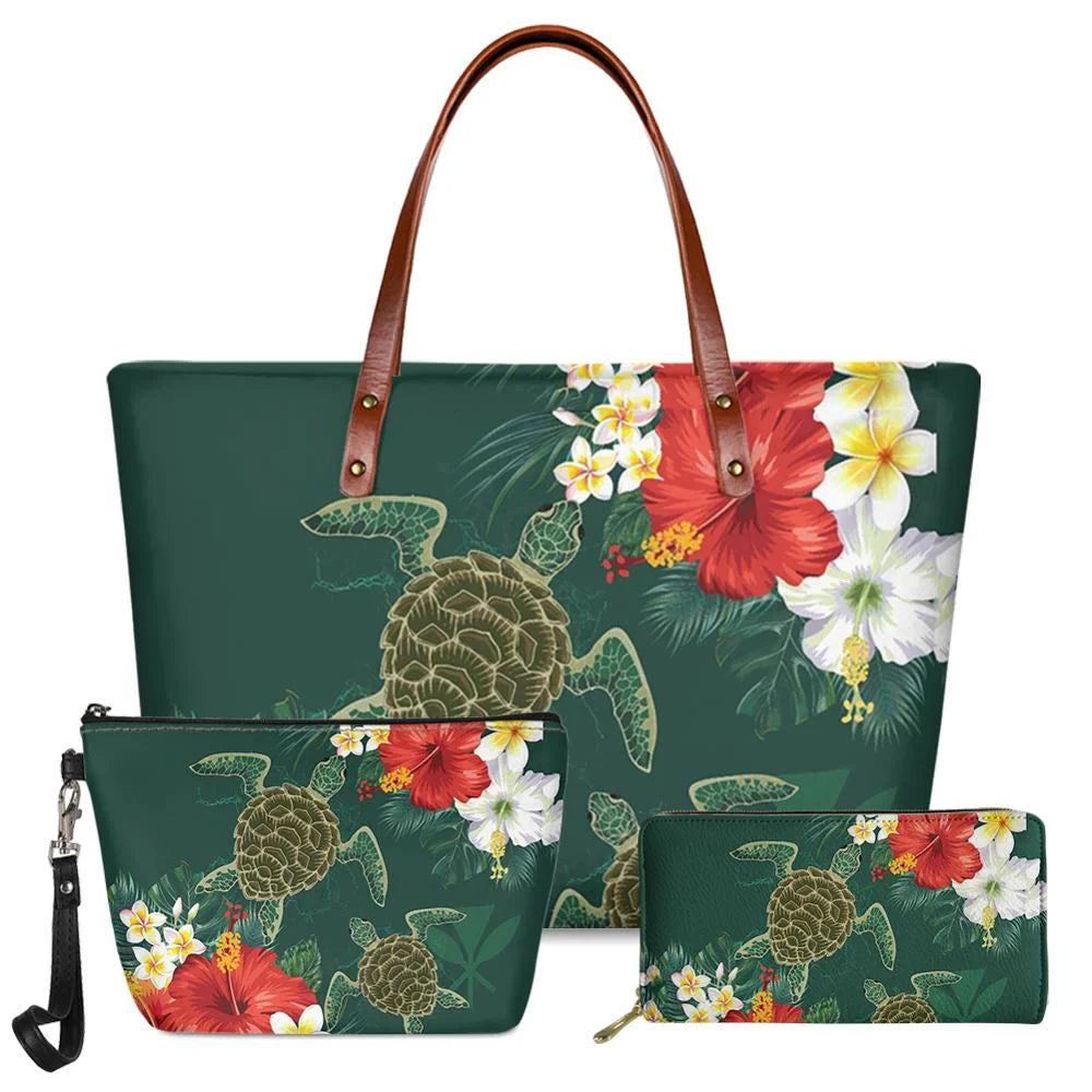 3-piece green faux leather handbag set with Polynesian sea turtle and hibiscus floral print, brown straps, and zippers.