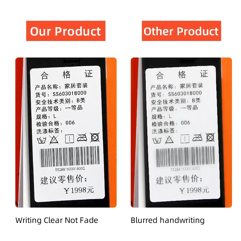 Printed thermal label samples on paper backing, clear text vs blurred text