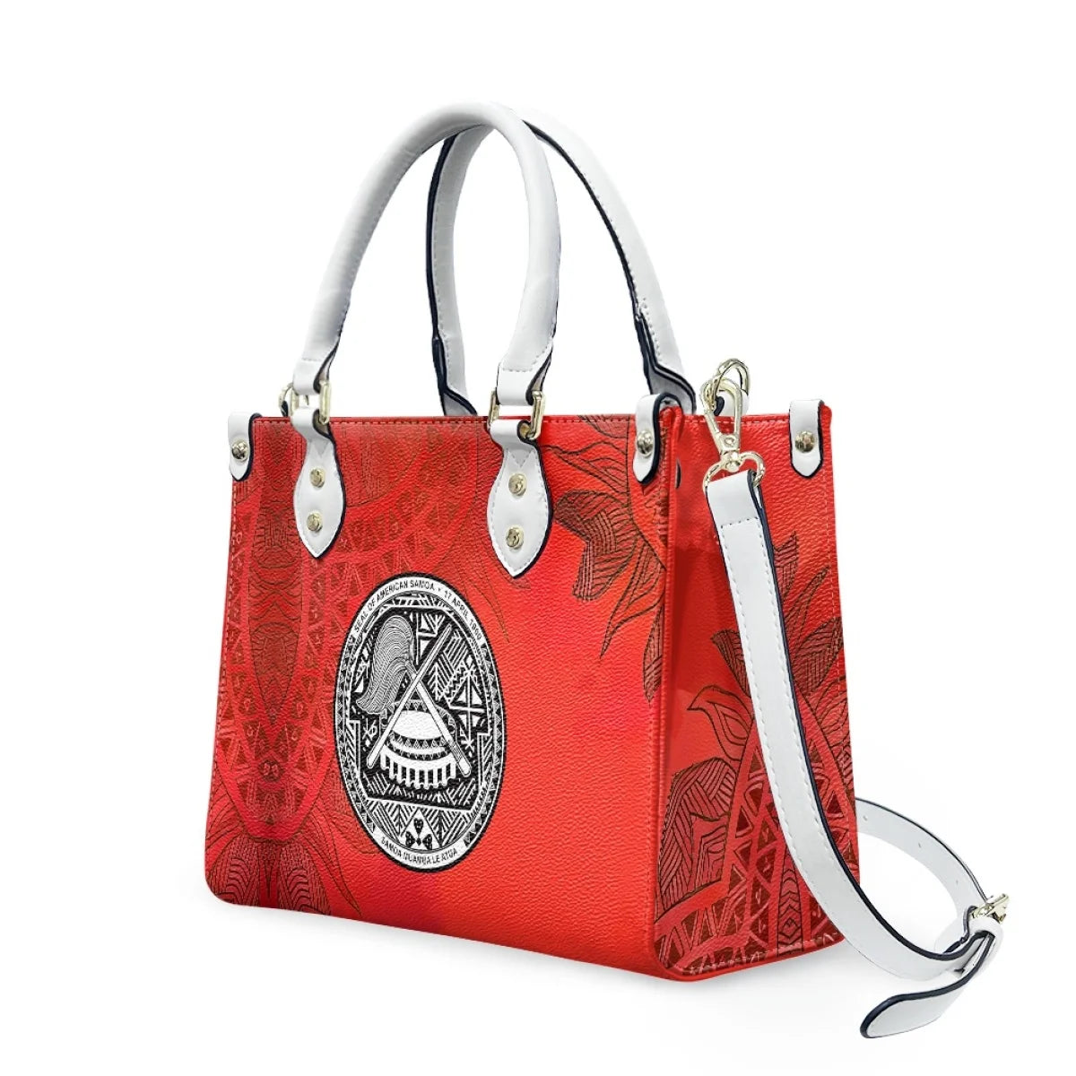 Red luxury leather trunk handbag with white straps, Polynesian Samoan tribal patterns, and American Samoa seal design.