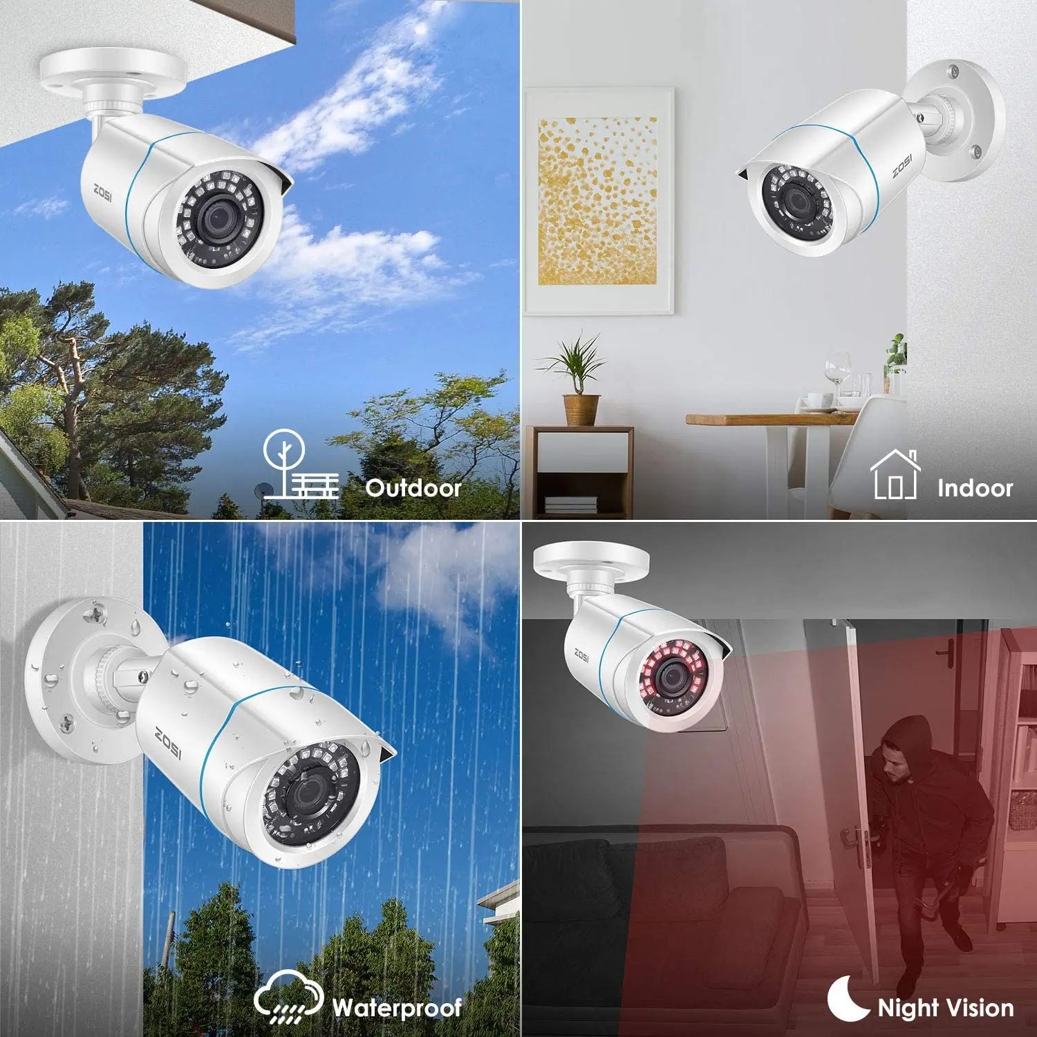 ZOSI HD 1080P 2MP H.265 4-in-1 CCTV Video Home Security IR Night Vision Weatherproof Bullet Camera for Surveillance System