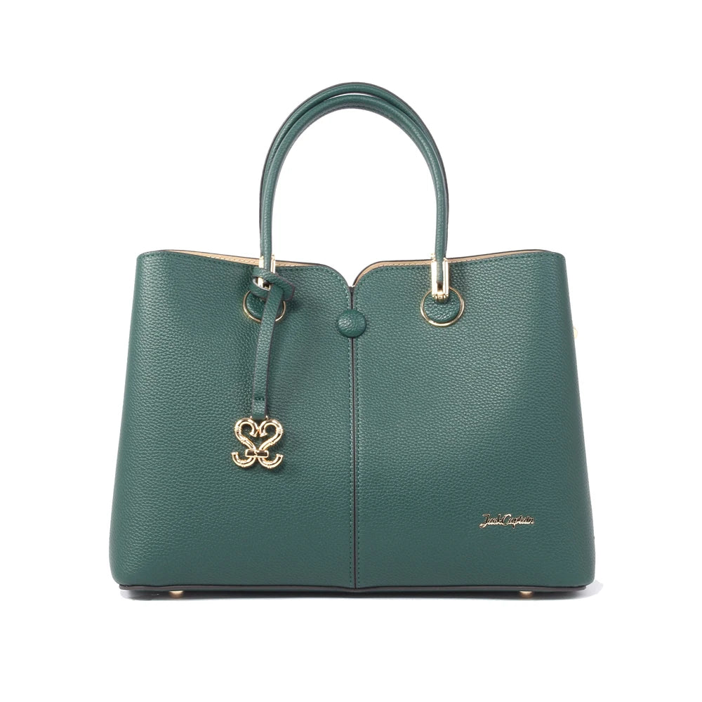 Elegant forest green PU leather designer handbag with gold charm, dual top handles, and durable waterproof finish.