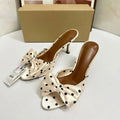 Women Cream Satin Black Polka Dot Big Bow Square Open Toe Slide Mules Rubber Outsole Microfiber Midsole Summer Party Dress High