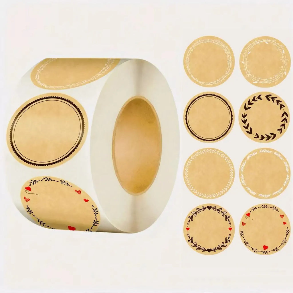 Kraft paper roll labels with assorted round borders and wreath designs, self-adhesive