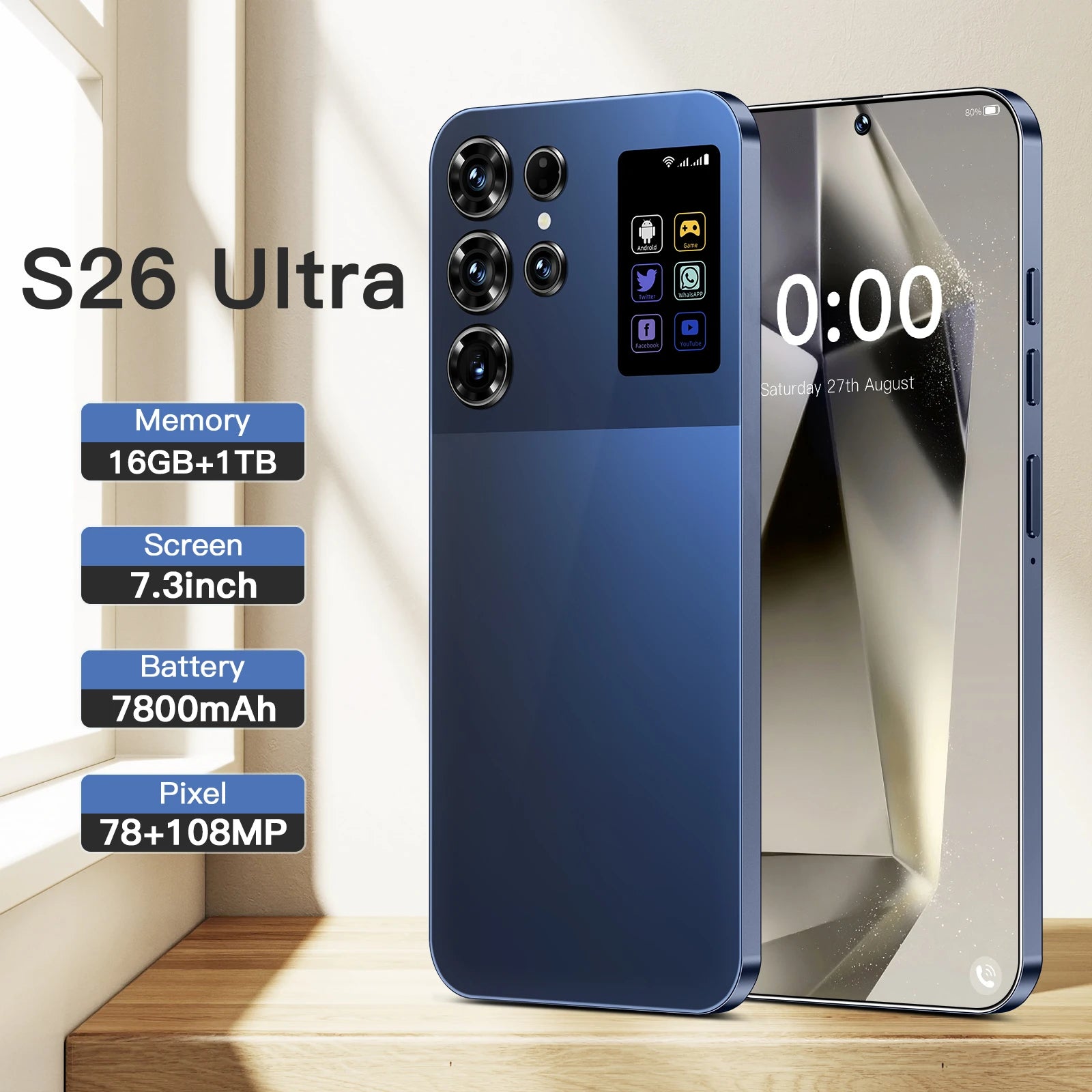 Tidesmit S26 Ultra 5G smartphone with 7.3-inch HD display, 16GB RAM, 1TB storage, and Android 14 in premium finish.