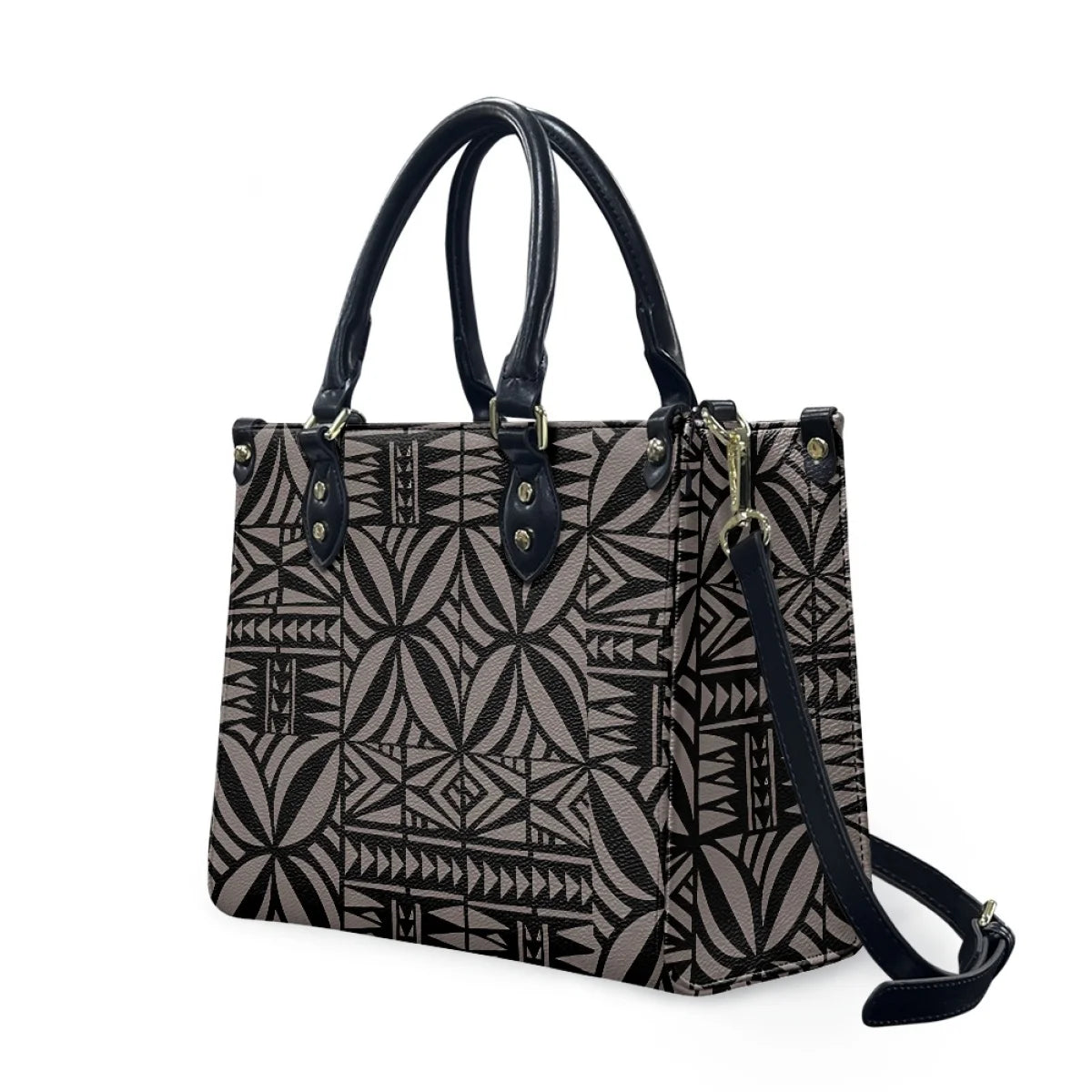 Large luxury leather handbag with black and tan Polynesian Samoan tribal floral print, black handles, and shoulder strap.