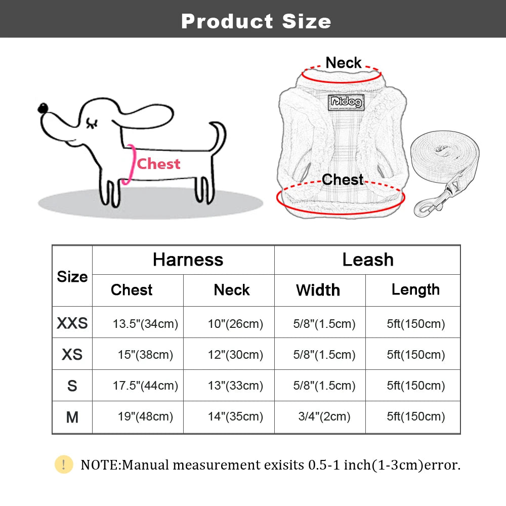 Size chart for soft, warm, no-pull winter harness and leash set for small dogs, puppies, and French Bulldogs.