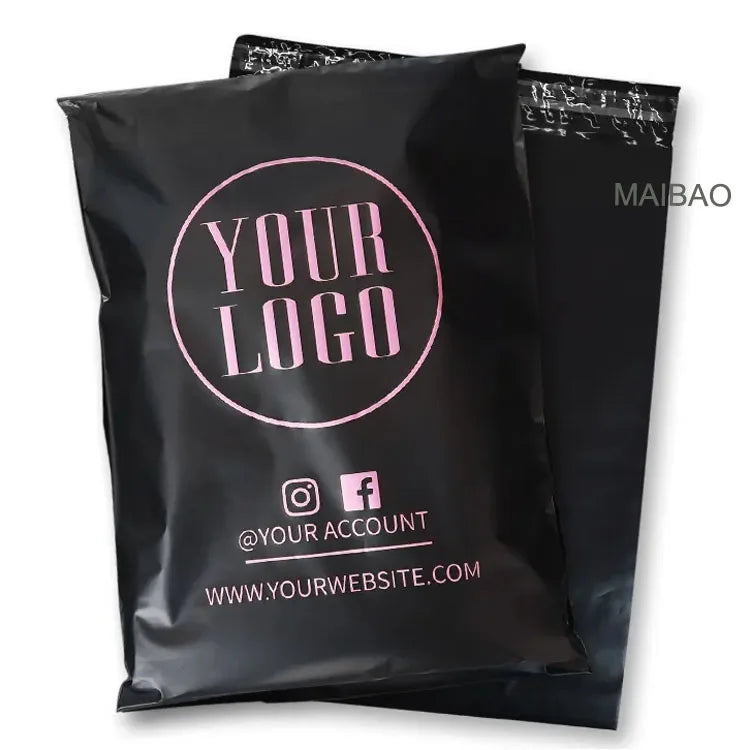 Black poly mailer set with pink circular logo and social icons