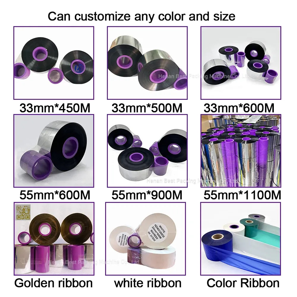 Thermal TTO ribbon rolls in multiple sizes, silver spools with dark cores.