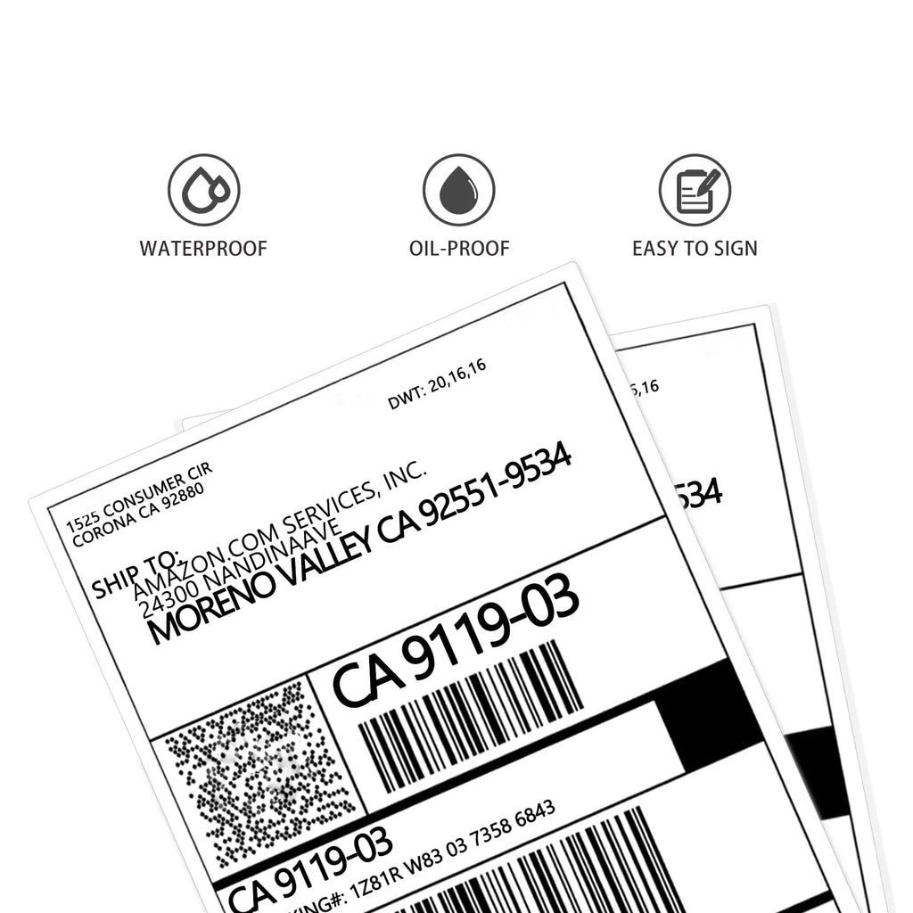 Close-up of 4x6 white direct thermal labels, waterproof and oil-proof icons shown