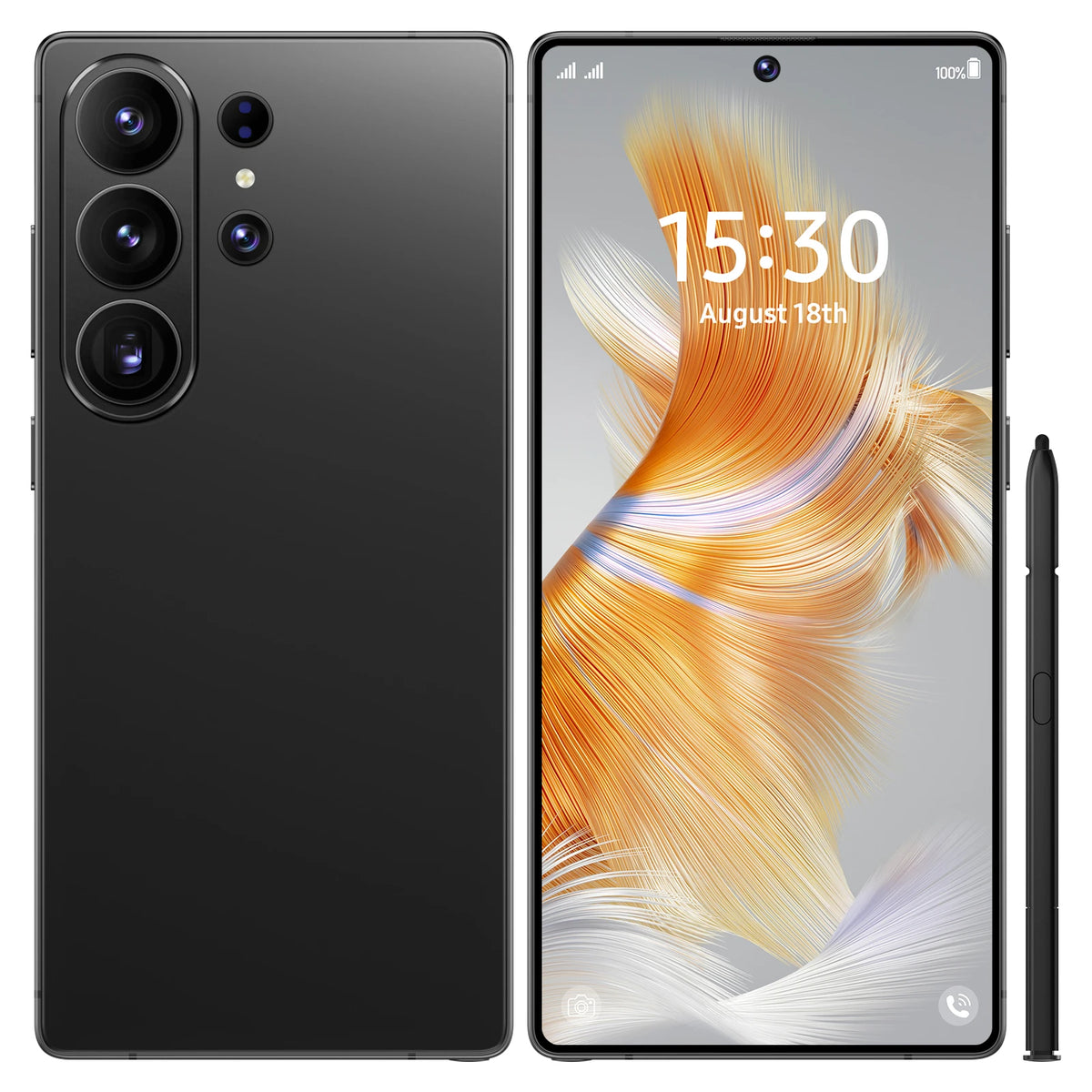 Black smartphone with triple rear cameras and front display, plus slim stylus