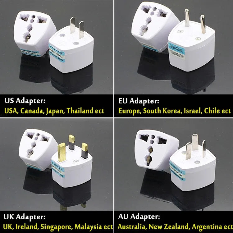 Set of universal white international travel power plug adapters for US, EU, UK, and AU outlets on black background.