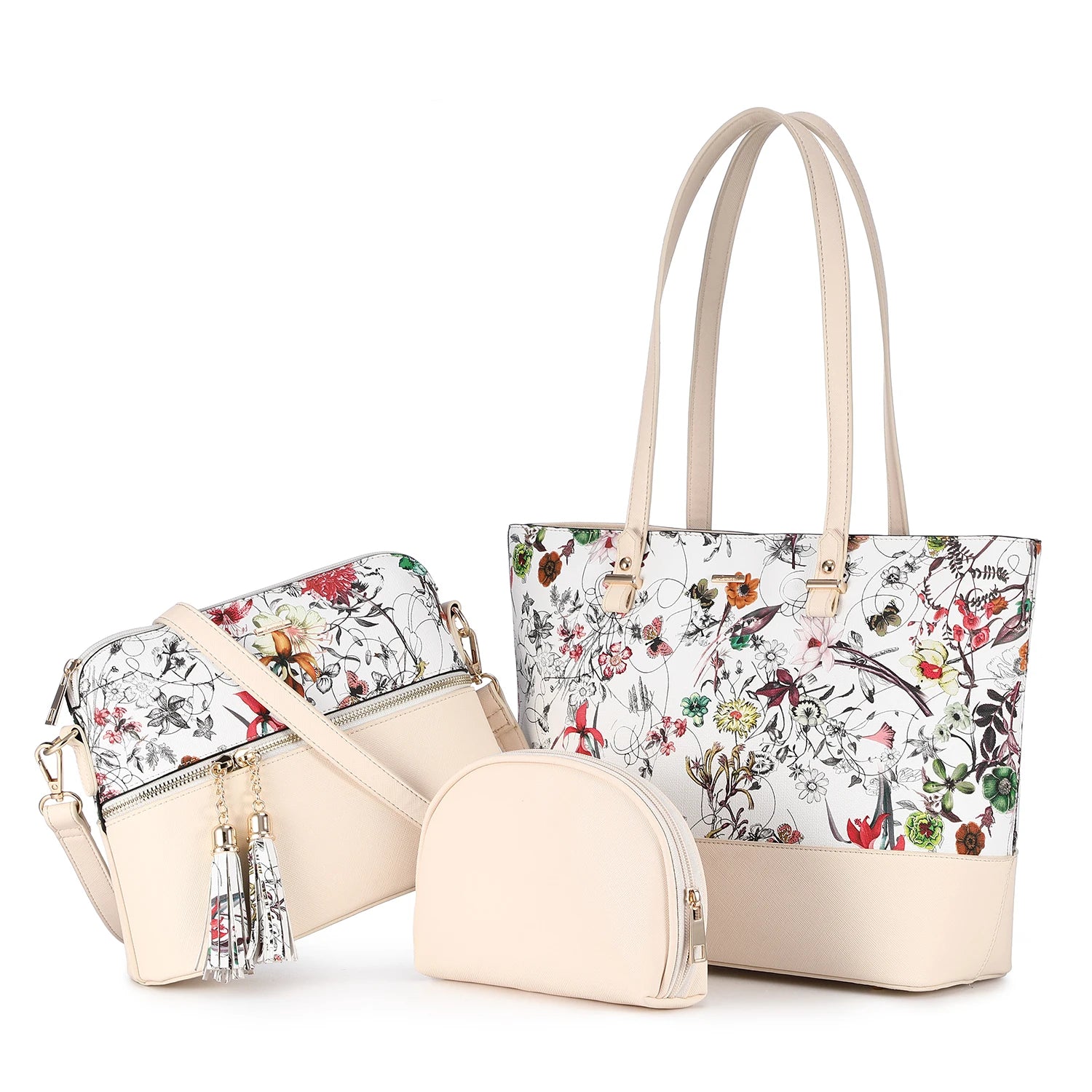 LOVEVOOK 3-piece designer handbag set: floral PU leather tote, shoulder bag with tassels, and cream pouch.
