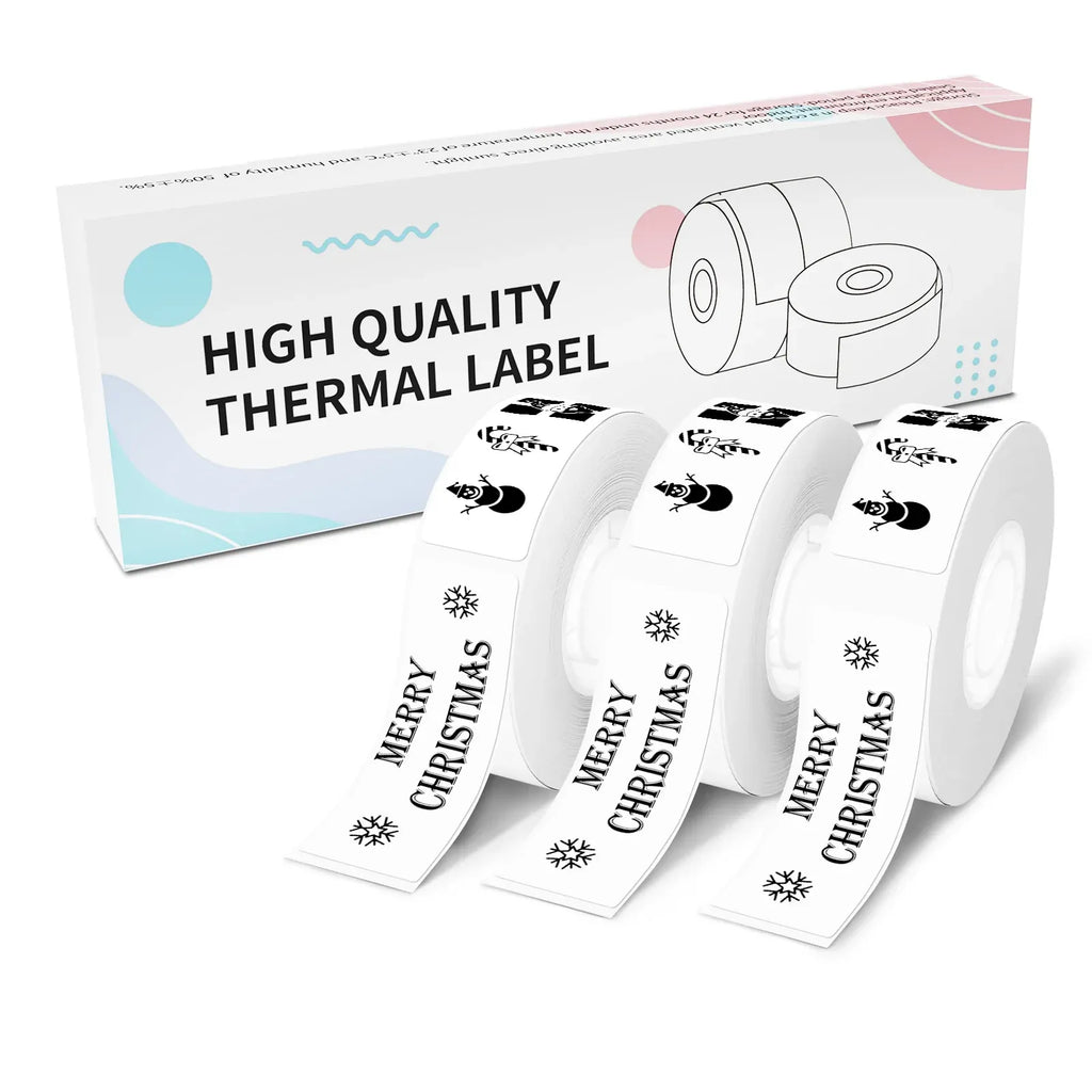 White direct thermal label rolls with Merry Christmas text and snowflake icons