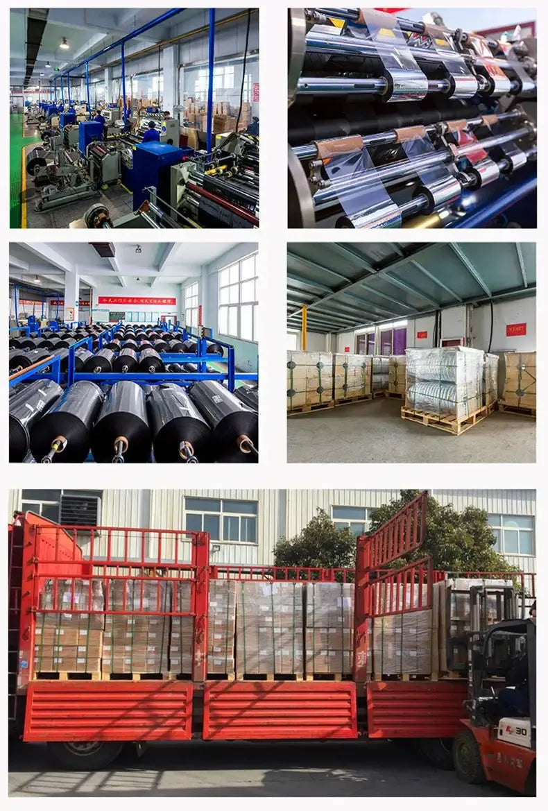 Packaging tape manufacturing line with wound rolls on production equipment
