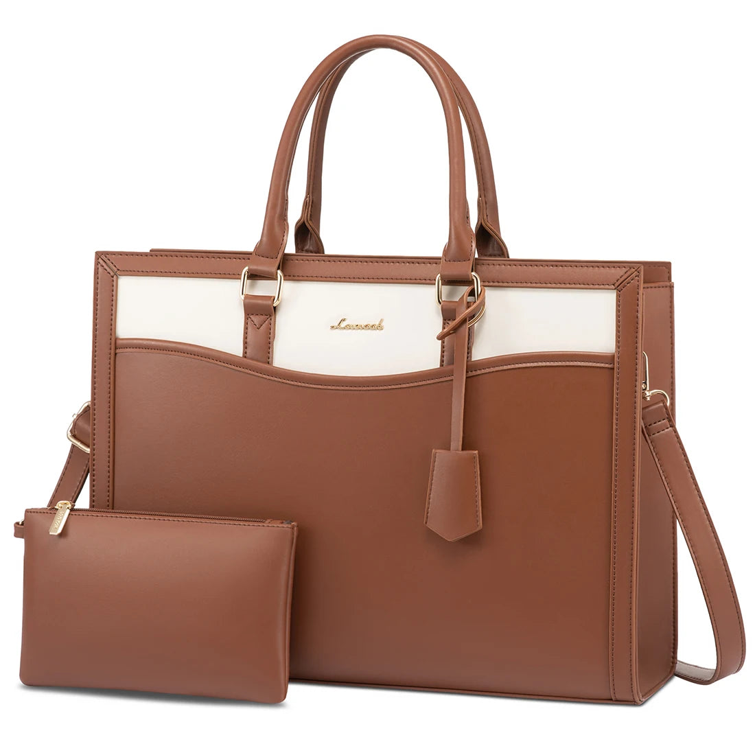 LOVEVOOK two-tone brown and white leather business tote bag for women with matching wristlet, gold hardware, and strap.