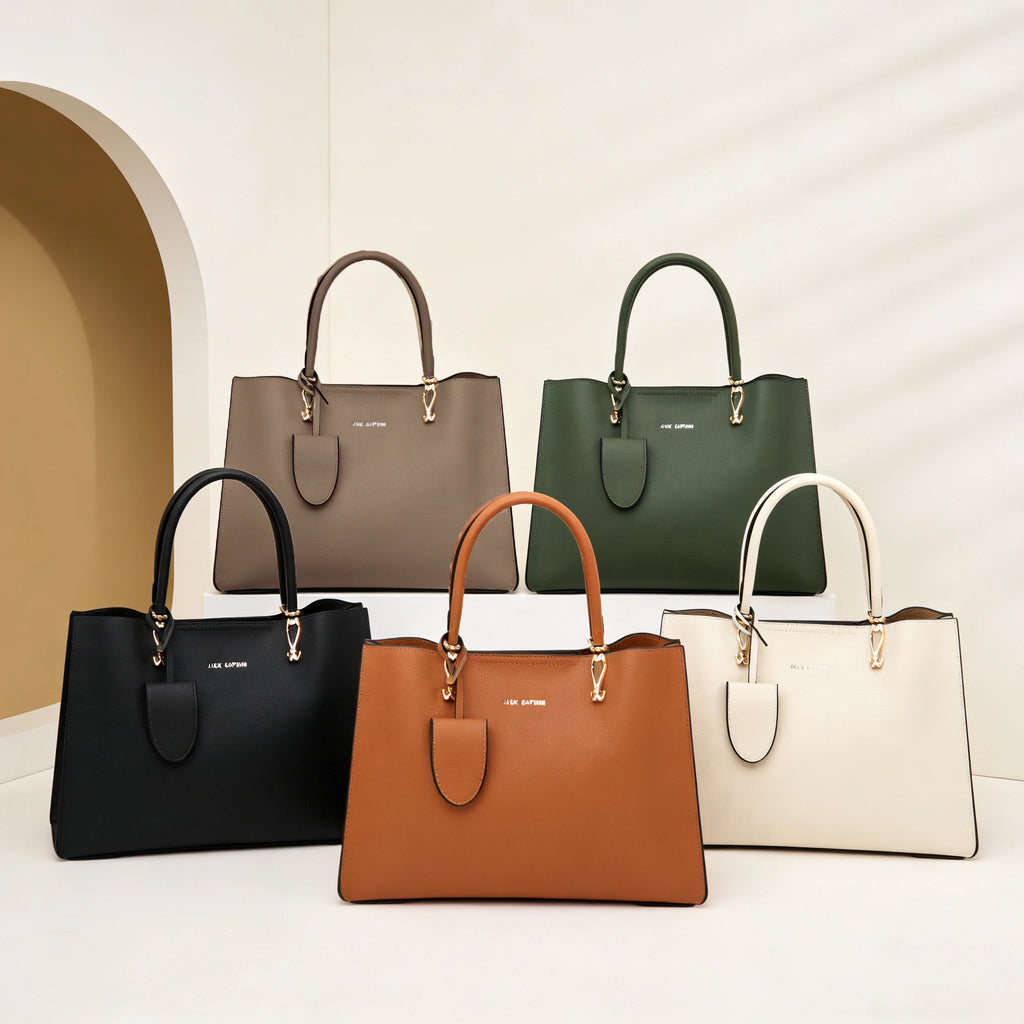 JACK CAPTAI luxury genuine leather tote bags in black, tan, beige, olive, and taupe with gold hardware details.