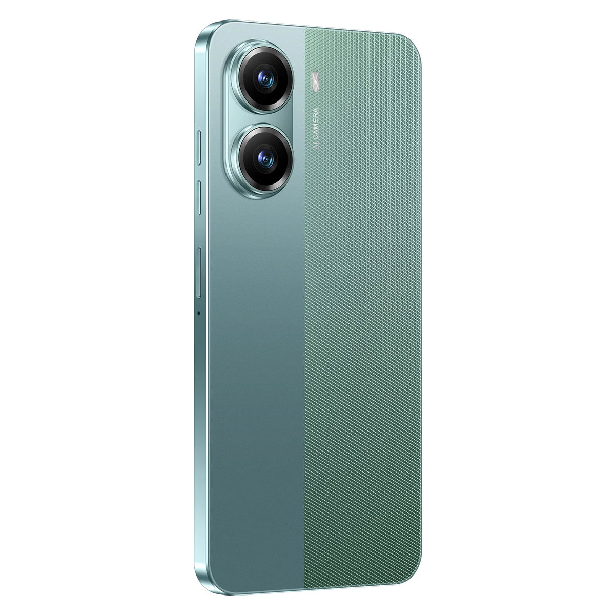 Teal smartphone back with dual rear cameras and textured finish
