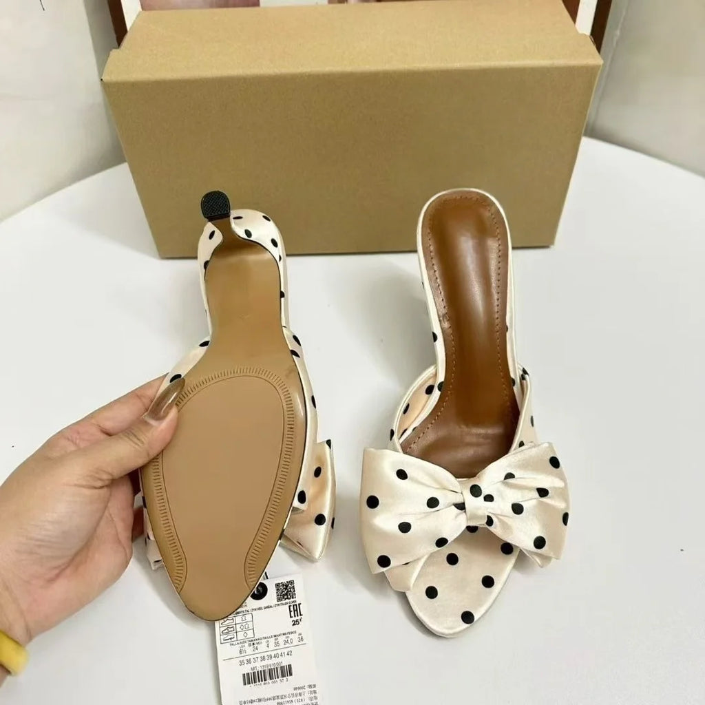 Women Cream Satin Black Polka Dot Big Bow Square Open Toe Slide Mules Rubber Outsole Microfiber Midsole Summer Party Dress High