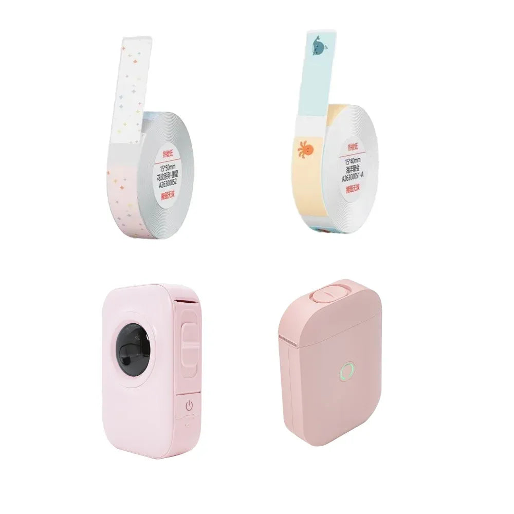 Thermal label roll with colored outer strip and printed label samples, in light blue and pink