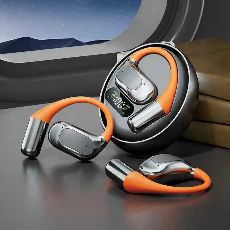 Orange and silver open-ear wireless earbuds with a round charging case featuring a digital battery display.