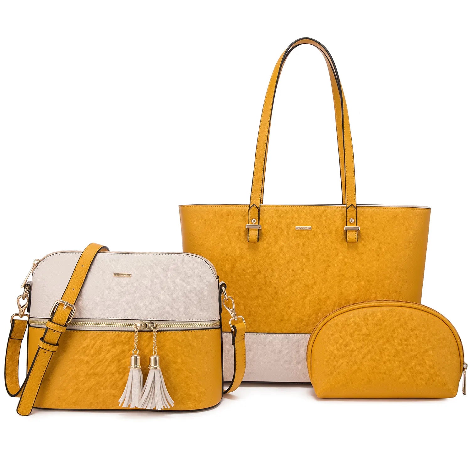 3-piece mustard yellow and beige PU leather designer handbag set with tote, crossbody bag with tassels, and pouch.
