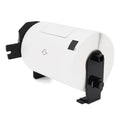 White thermal barcode label tape roll with black printer adapter stand
