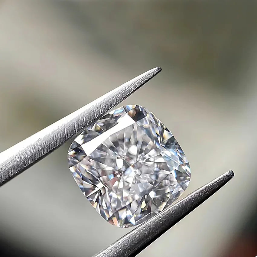 Close-up of cushion-cut lab diamond with prismatic reflections