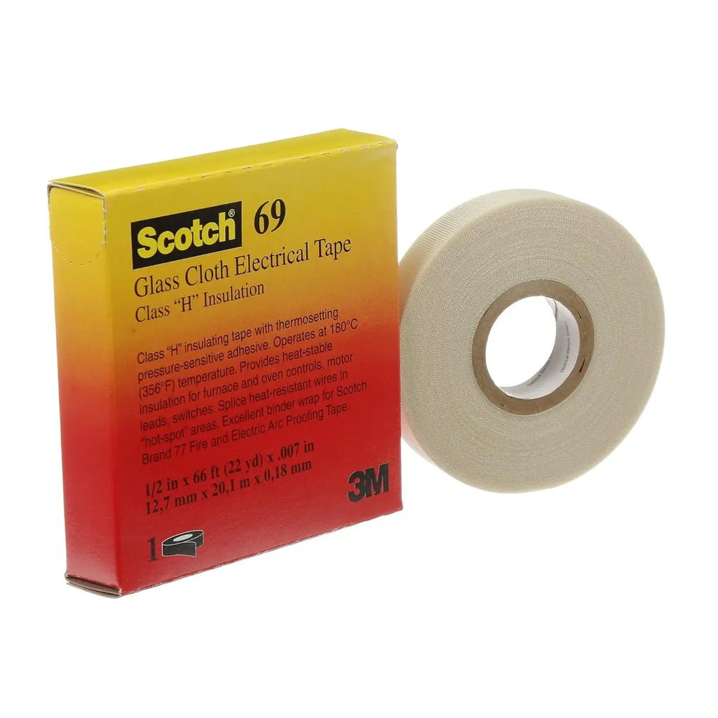 Cream electrical tape roll beside yellow product box