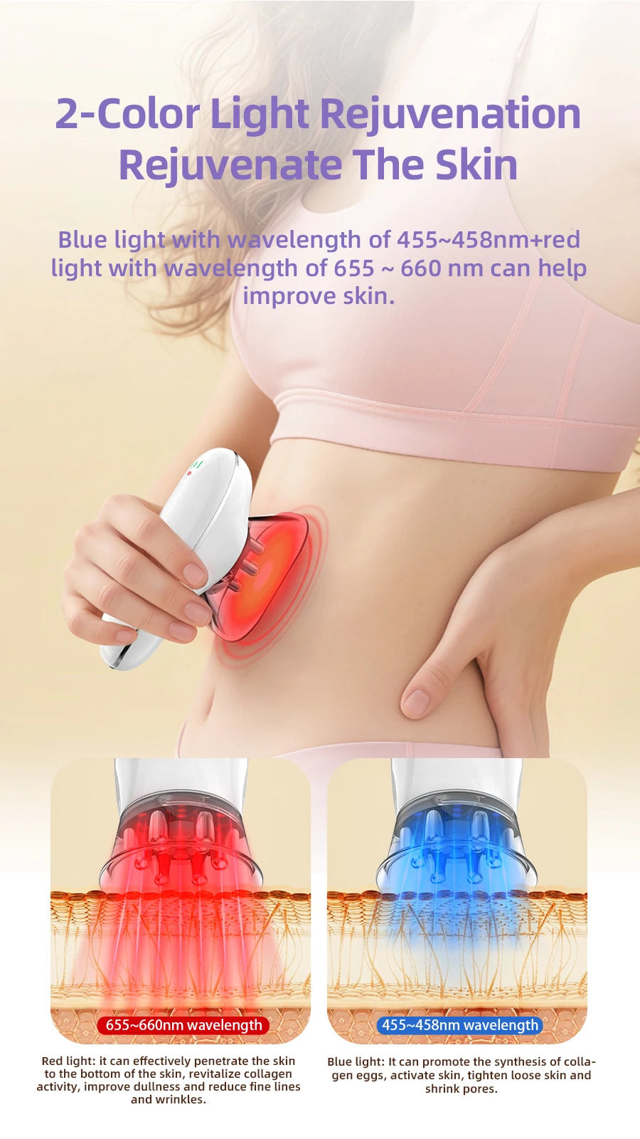 White, handheld body sculpting device with red and blue light therapy modes being used on the stomach.