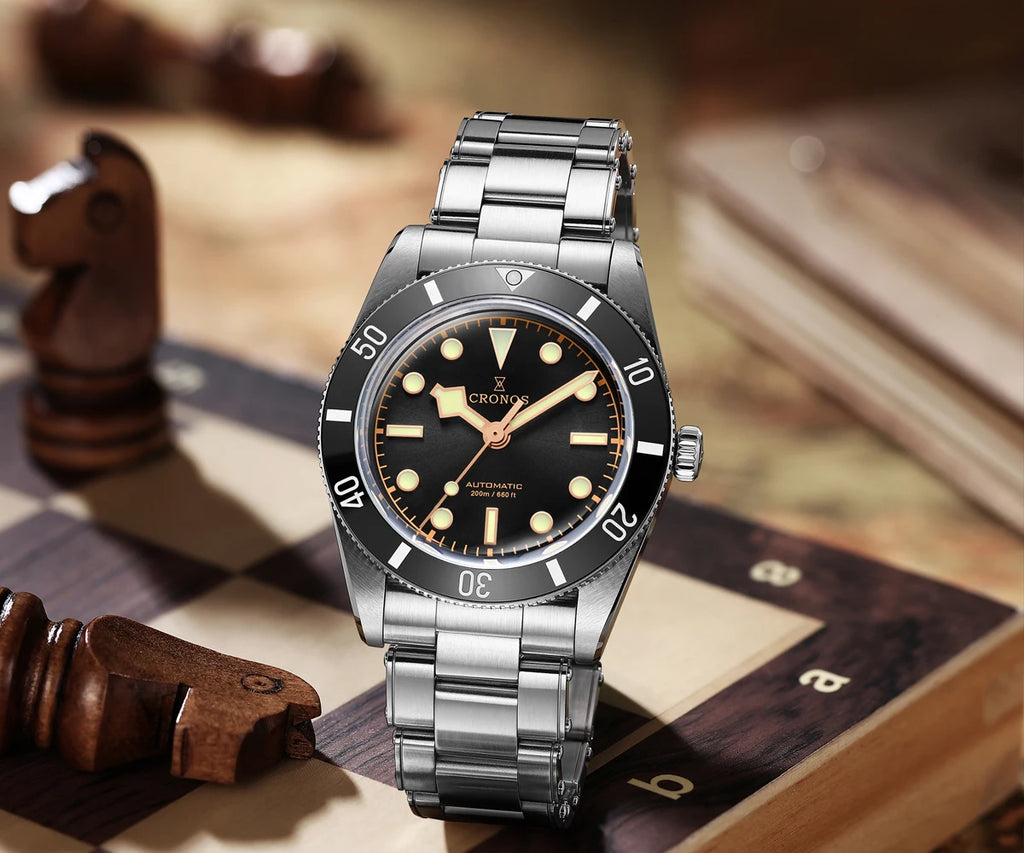 CRONOS Men Automatic Watch 37mm Mechanical Wristwatch Sapphire Diver 20ATM Waterproof BGW-9 Luminous PT5000 SW200 Ceramic Bezel