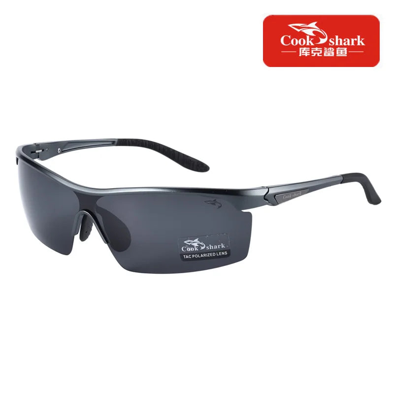 Wraparound sports sunglasses with metallic grey frames and dark polarized lenses for outdoor eye protection.