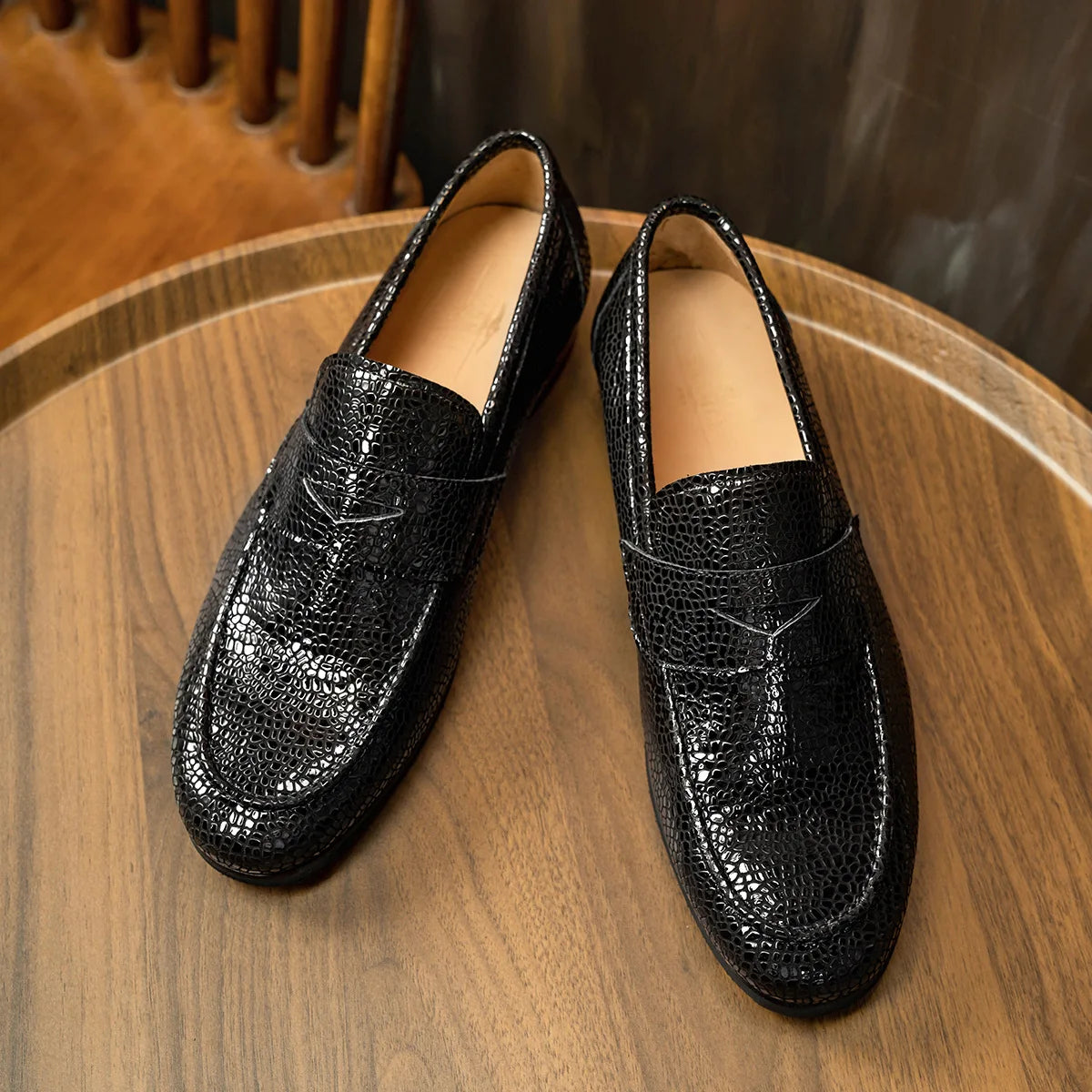 Men's Loafers Office Casual Shoes Slip-On Summer Cowhide Geometric Pattern Genuine Leather Upper Rubber Outsole