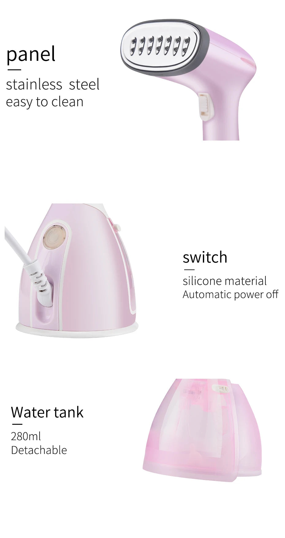 Tidesmit 1500W handheld garment steamer showing 280ml water tank and compact design for vertical clothes ironing.