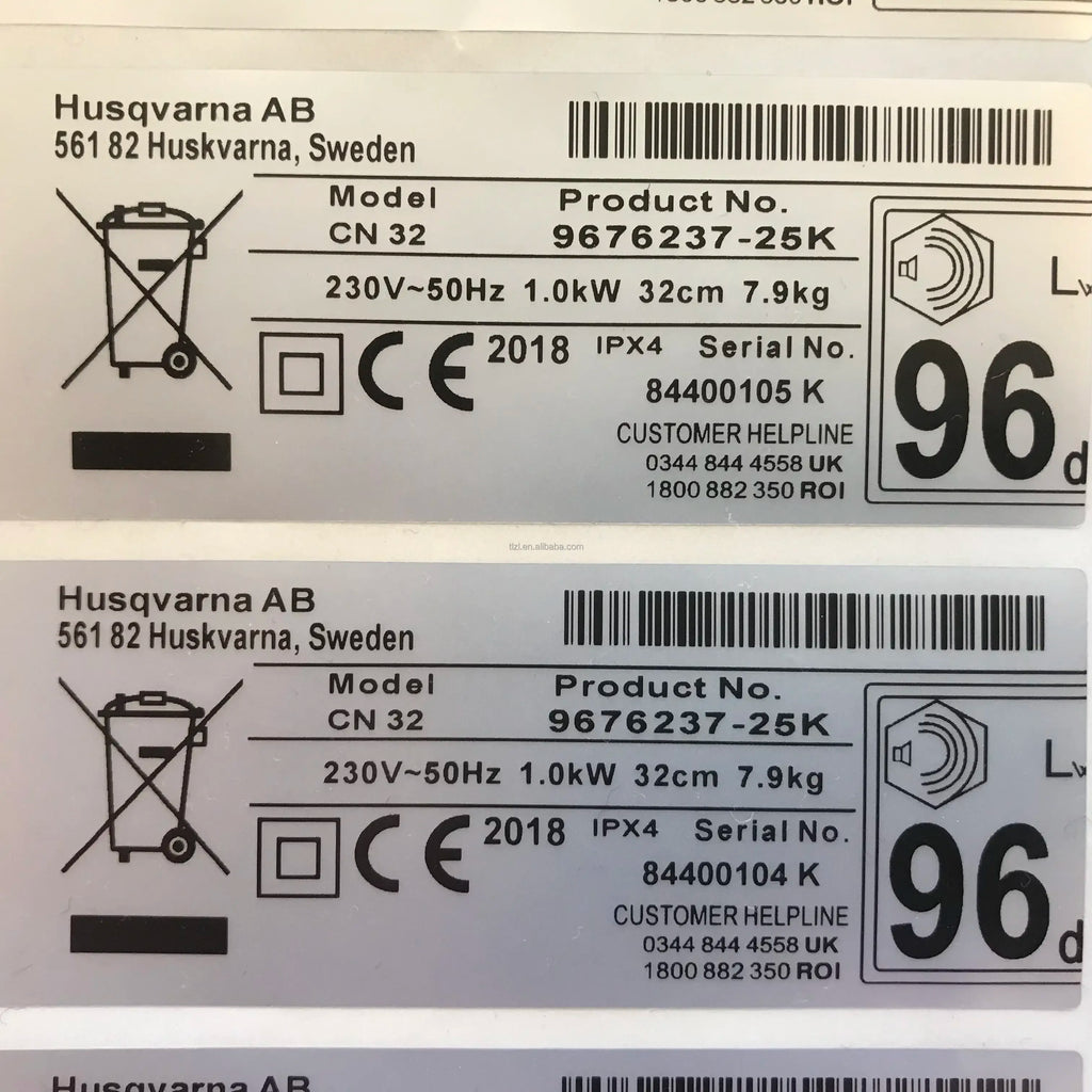 Printed barcode label stickers with CE icons and large number 96