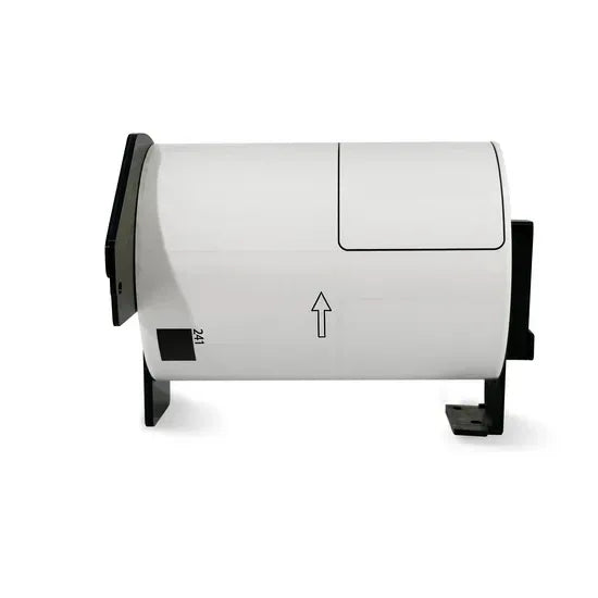 White continuous direct thermal label roll, 62mm width, on printer holder