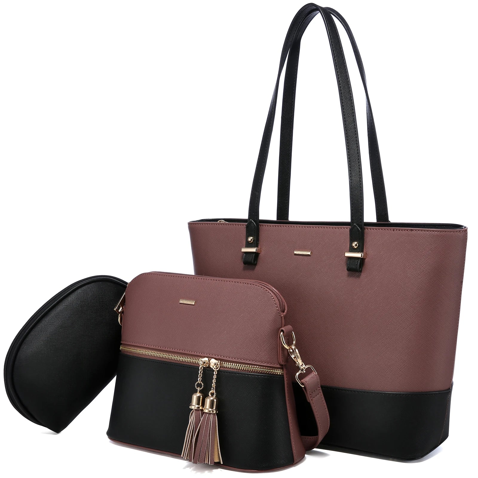 LOVEVOOK 3-piece designer handbag set in two-tone brown and black PU leather with gold tassel and zipper accents.