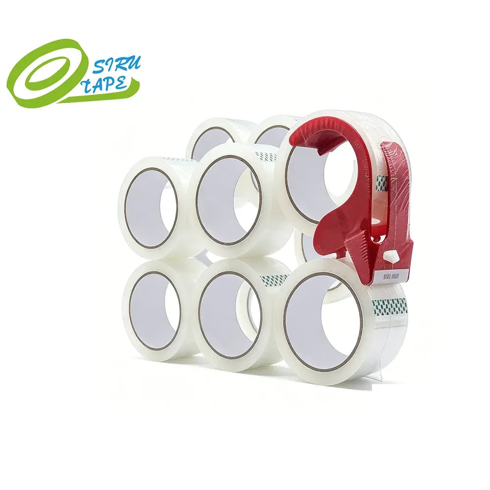 Clear packing tape rolls with red dispenser for packing
