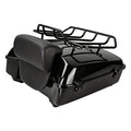 Glossy black motorcycle tour pack with passenger backrest and top luggage rack for Harley Touring 2014-2025 models.
