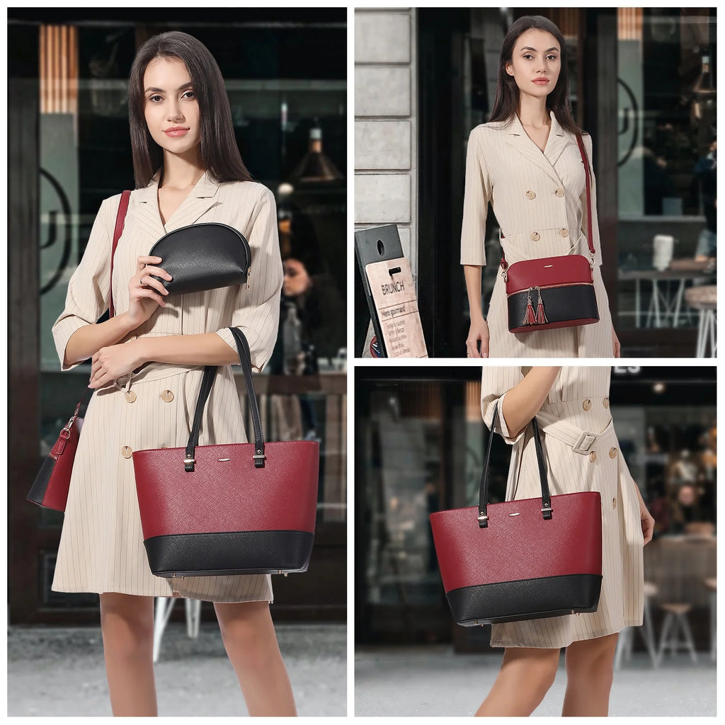 3-piece designer handbag set: red and black PU leather tote, shoulder bag, and clutch with tassel detail.