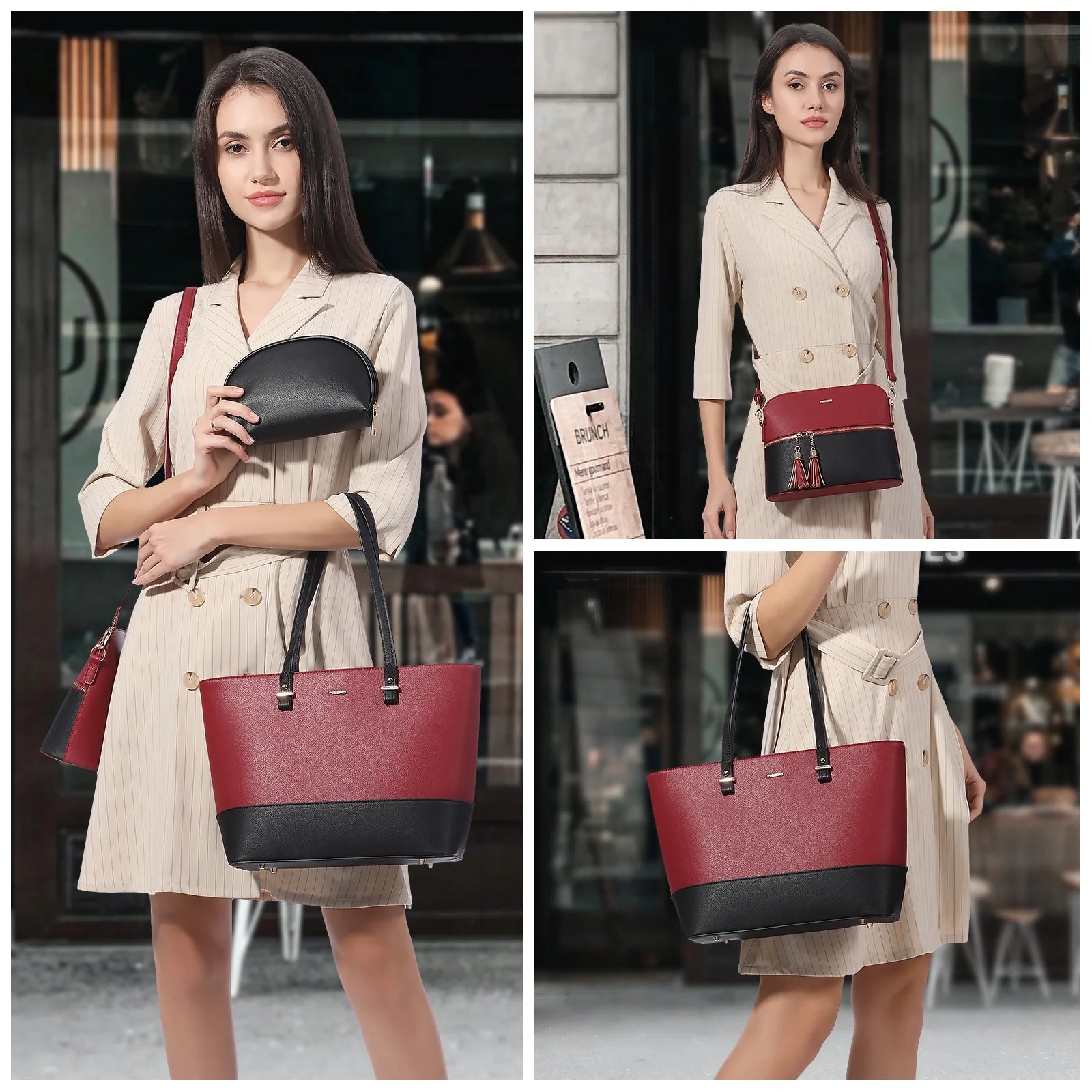 3-piece designer handbag set: red and black PU leather tote, shoulder bag, and clutch with tassel detail.
